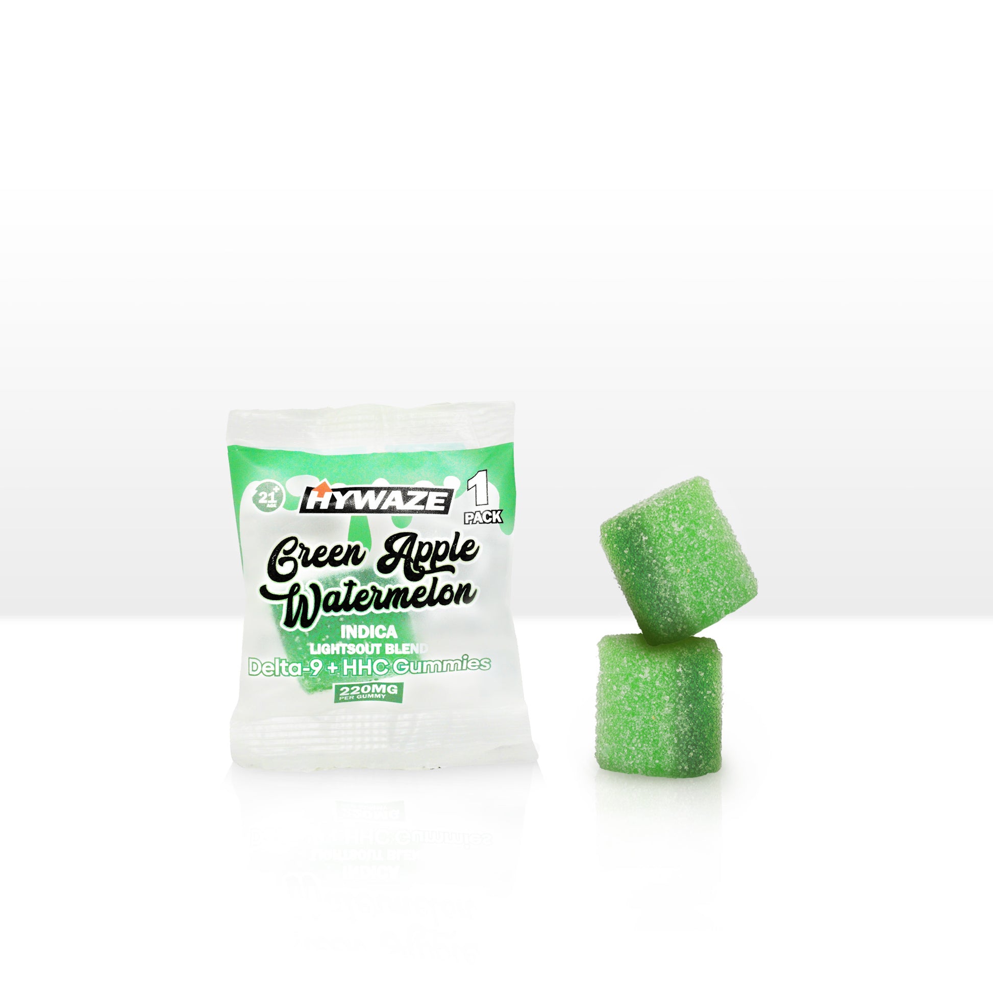 HYWAZE Maximum Potency Gummies Delta-9+HHC 220MG, Green Apple Watermelon, Indica, front side, 1pk
