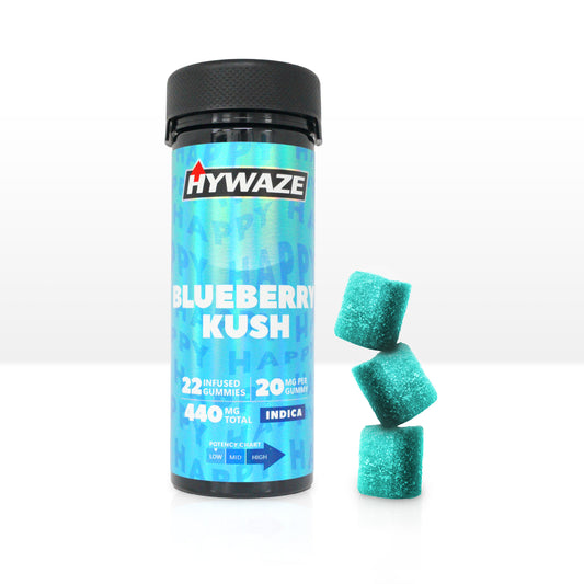 Hywaze Blueberry Kush indica, 440mg gummies, 22ct, front side