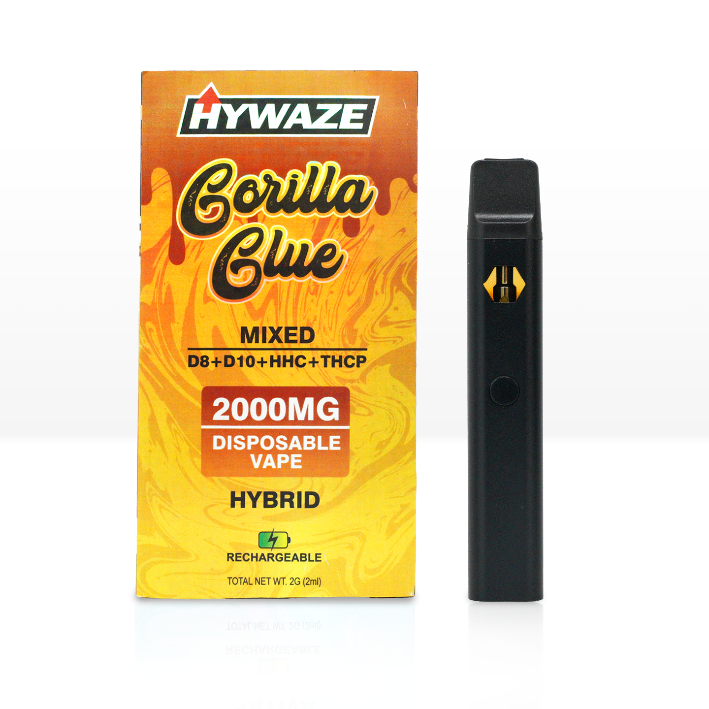 HYWAZE  Gorilla Glue, Mixed, D8, 10, HHC, THCP, 2000mg disposable, hybrid, rechargeable, front side