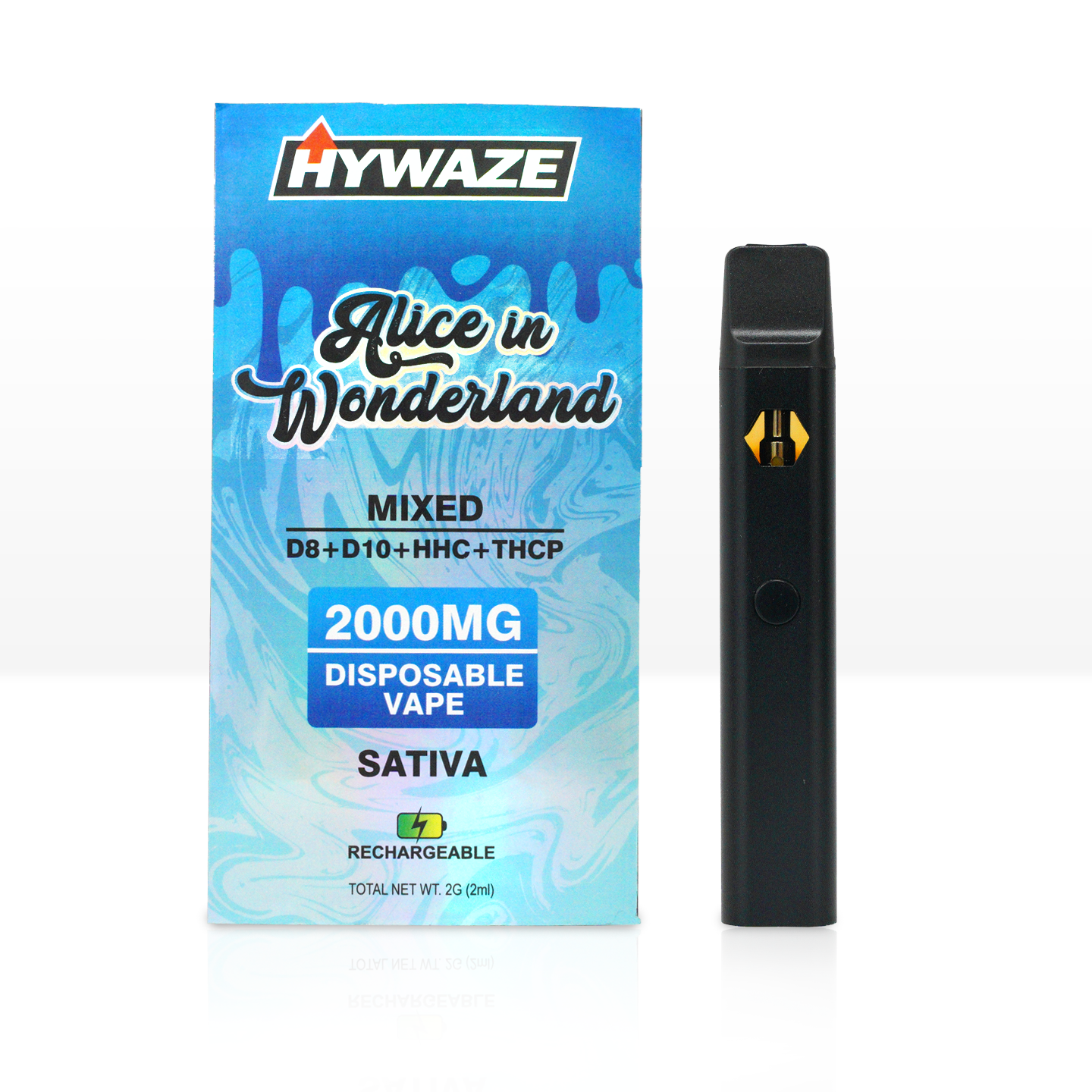 HYWAZE Alice in Wonderland, Mixed, D8, 10, HHC, THCP, 2000mg disposable, sativa, rechargeable, front side